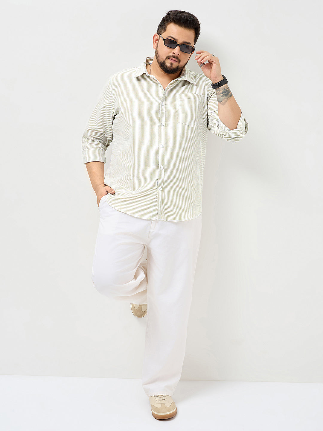 Plus Men's Light Olive Cotton Full Sleeve Regular Fit Casual Striped Shirt