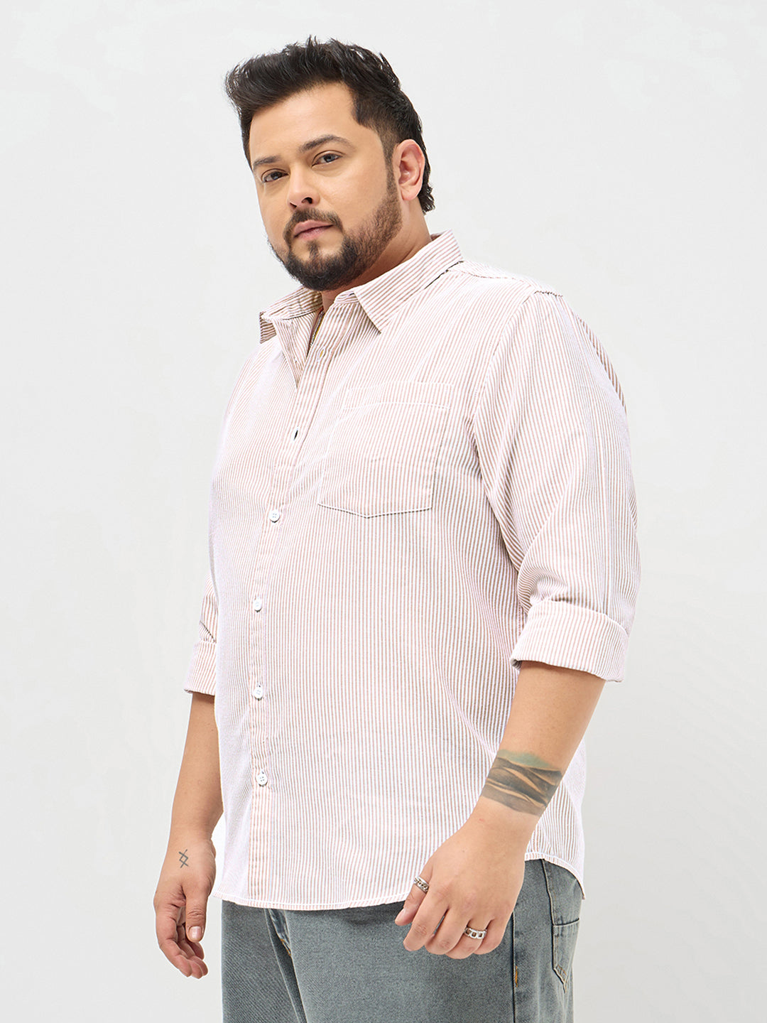 Plus Men's Light Pink Cotton Full Sleeve Regular Fit Casual Striped Shirt