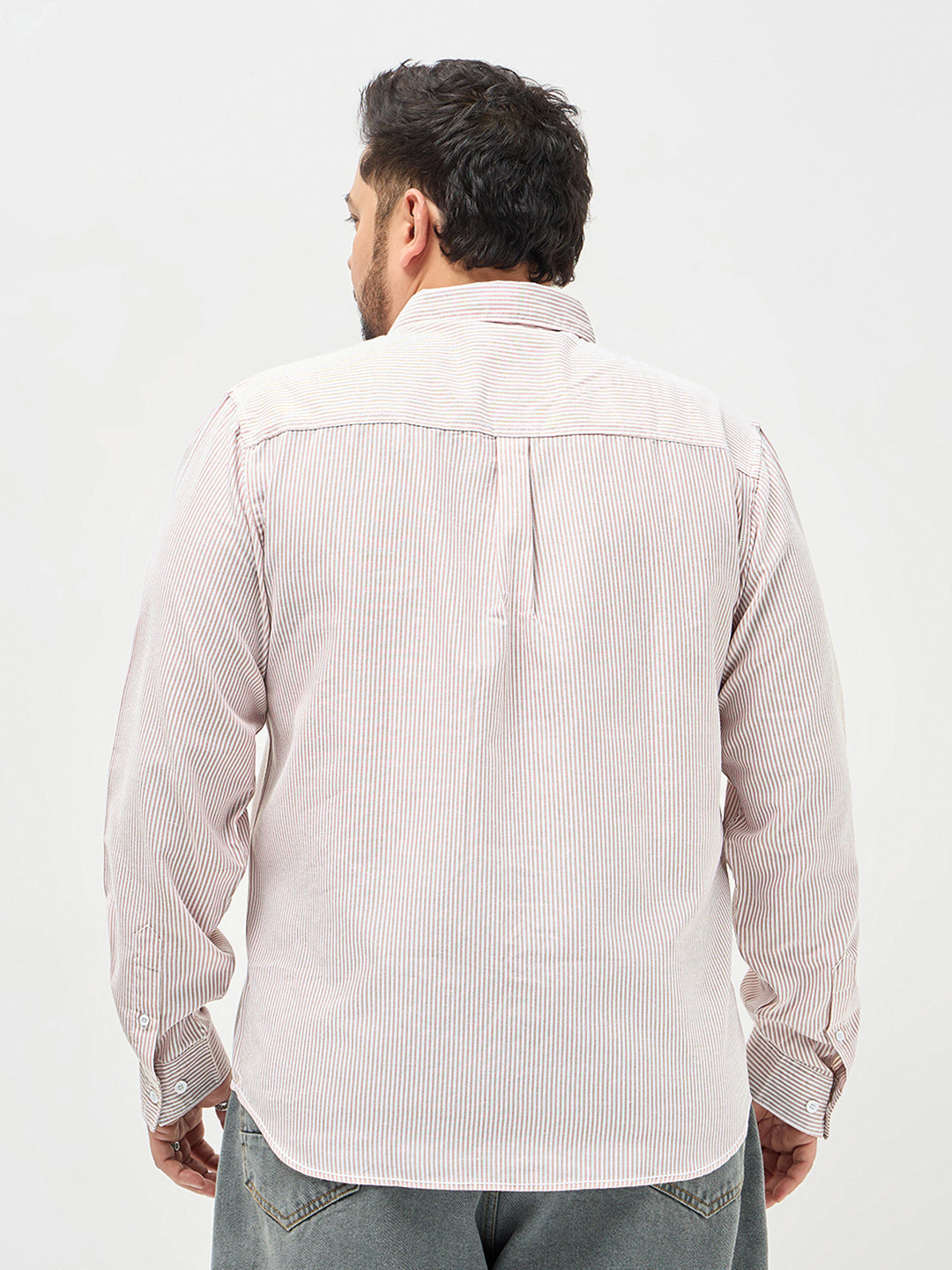 Plus Men's Light Pink Cotton Full Sleeve Regular Fit Casual Striped Shirt