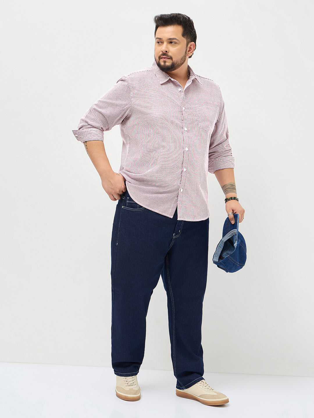 Plus Men's Maroon Cotton Full Sleeve Regular Fit Casual Striped Shirt