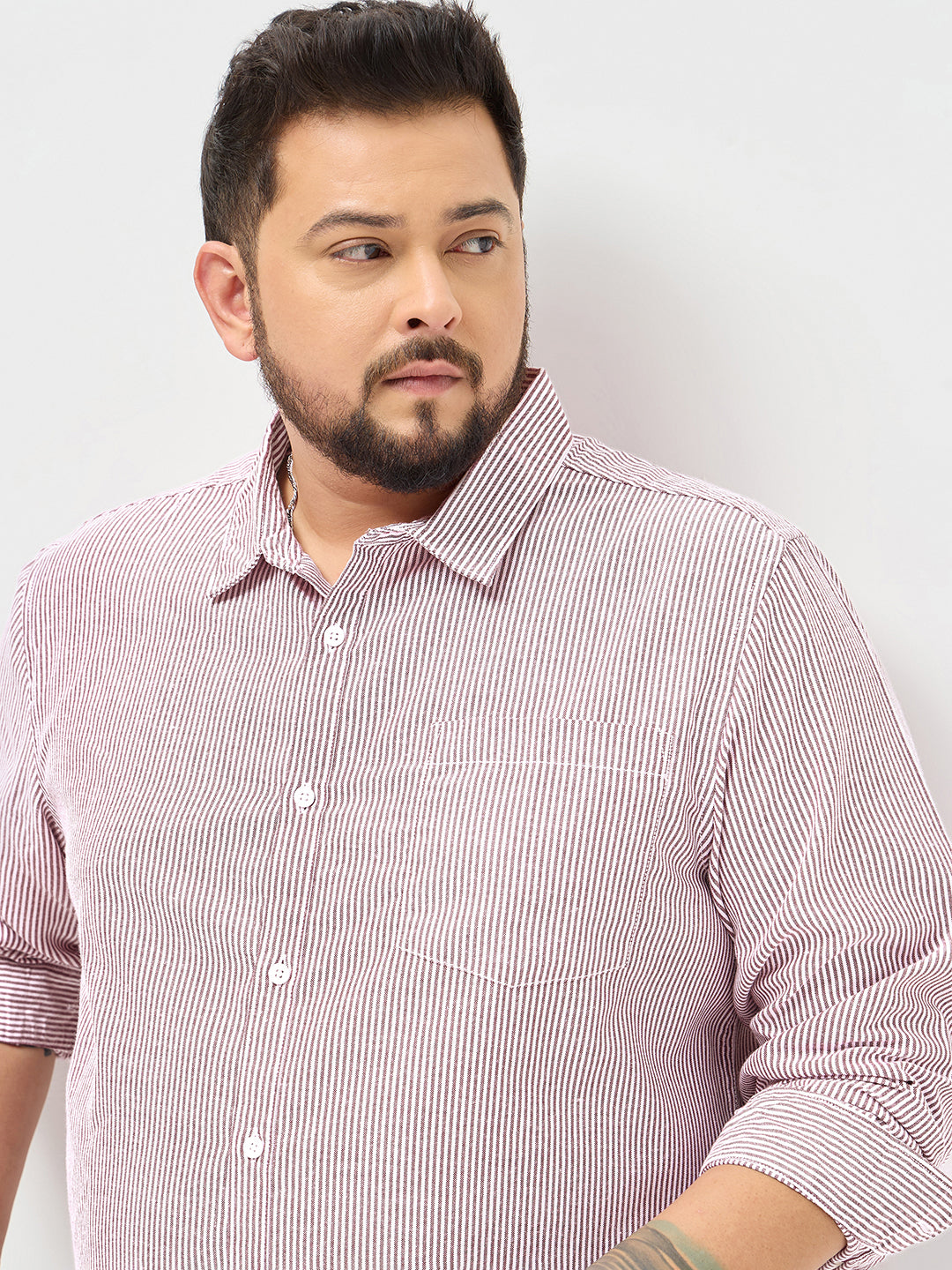Plus Men's Maroon Cotton Full Sleeve Regular Fit Casual Striped Shirt