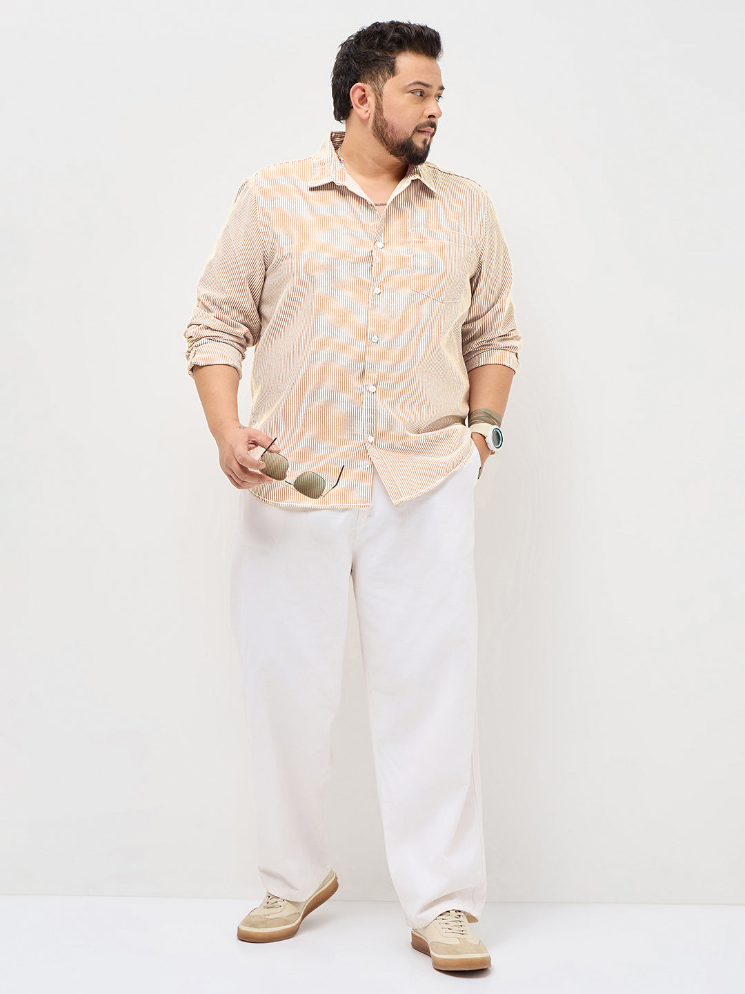 Plus Men's Pumpkin Spice Cotton Full Sleeve Regular Fit Casual Striped Shirt