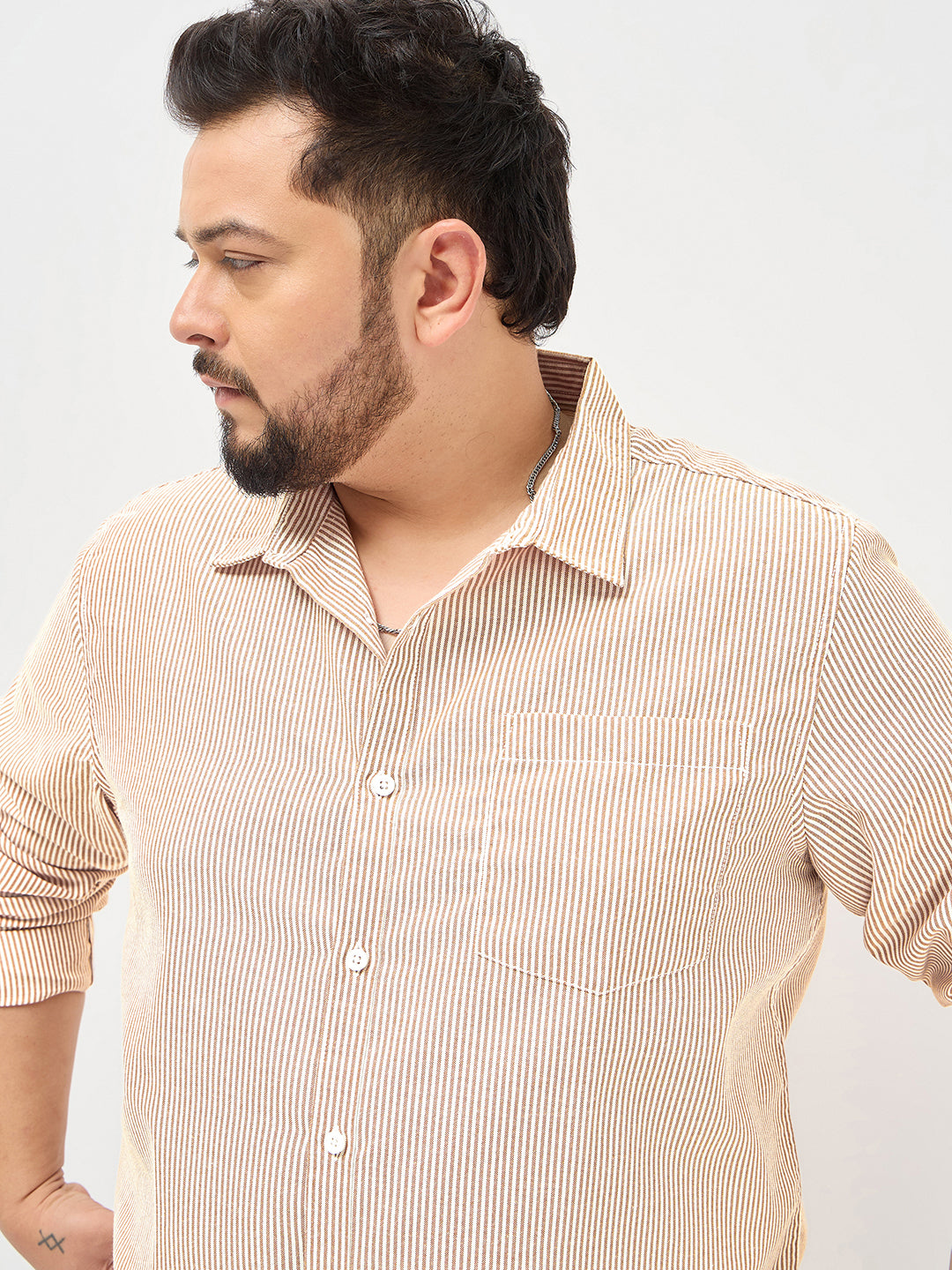 Plus Men's Pumpkin Spice Cotton Full Sleeve Regular Fit Casual Striped Shirt