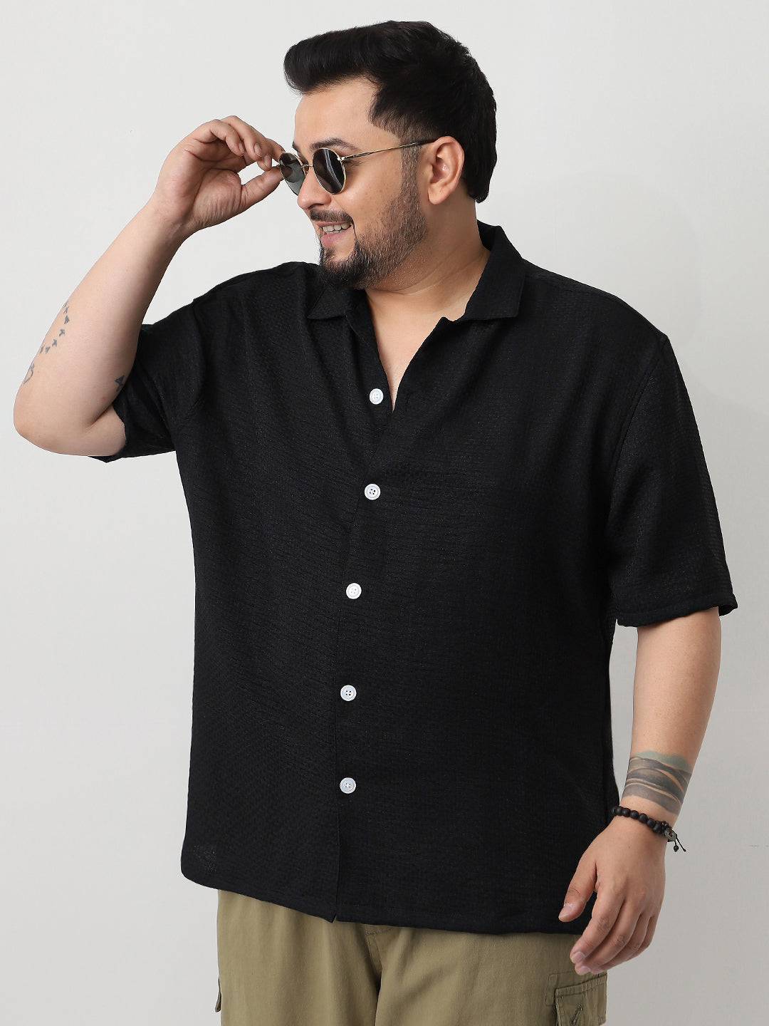 Plus Men's Black Cotton Half Sleeve Oversized Fit Textured Shirt with Cuban Collar