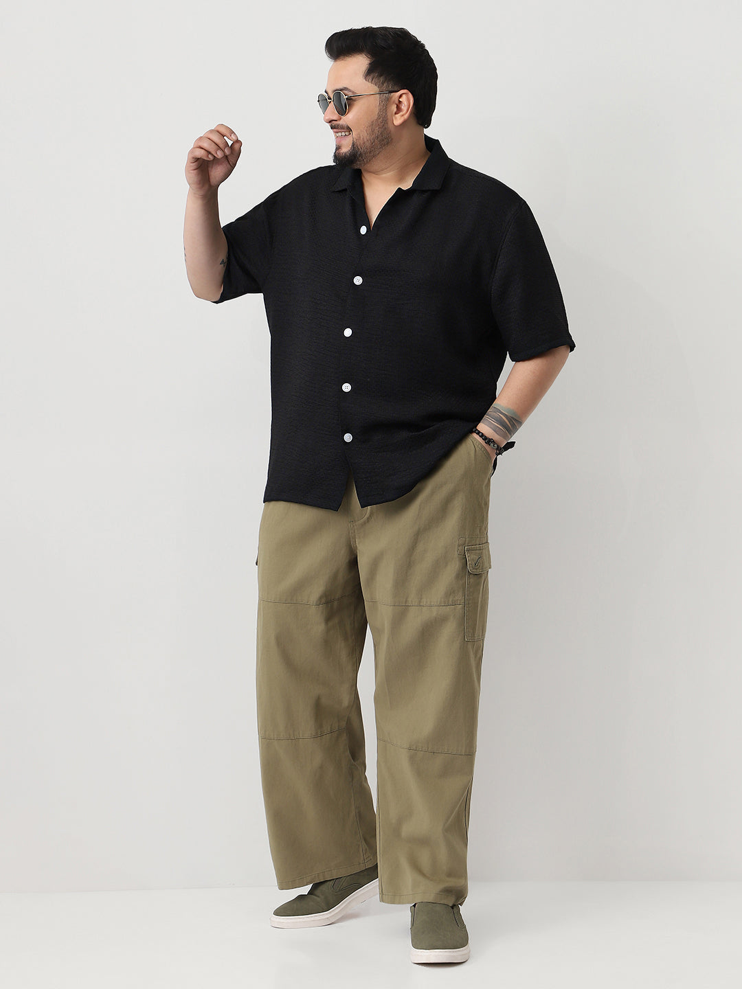 Plus Men's Black Cotton Half Sleeve Oversized Fit Textured Shirt with Cuban Collar