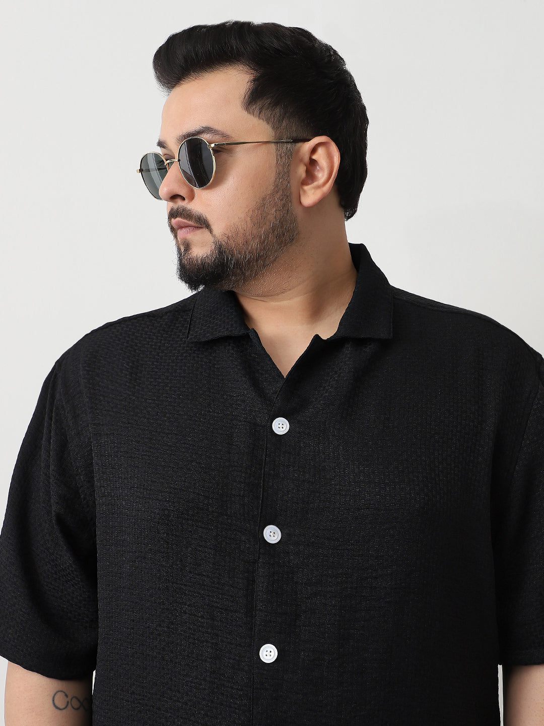 Plus Men's Black Cotton Half Sleeve Oversized Fit Textured Shirt with Cuban Collar