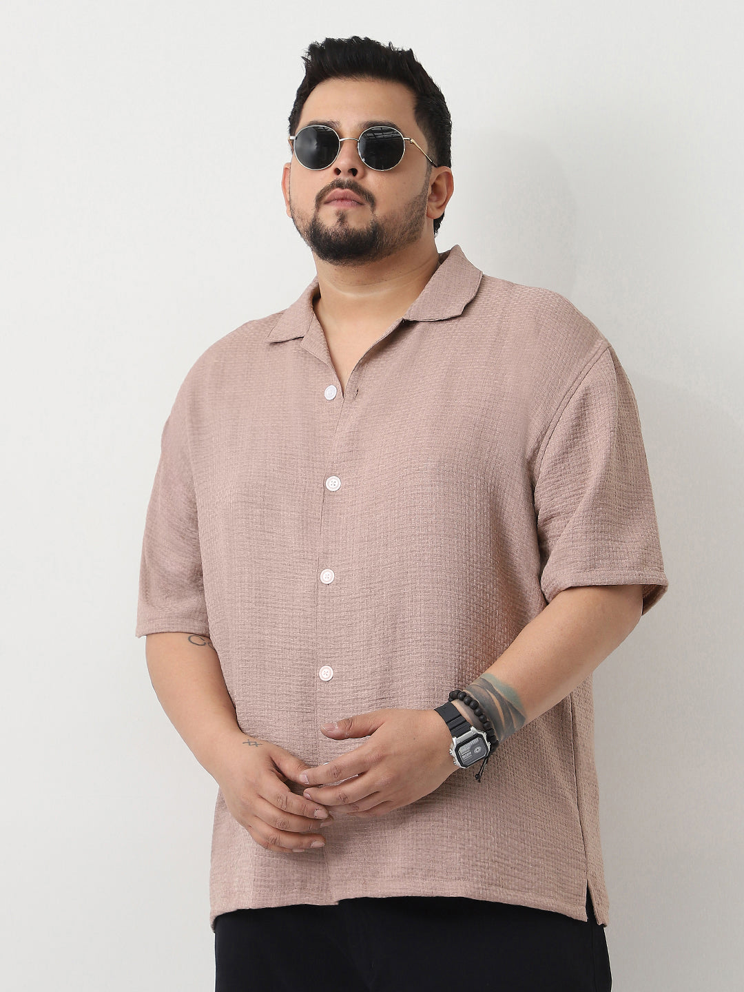 Plus Men's Mocha Mousse Cotton Half Sleeve Oversized Fit Textured Shirt with Cuban Collar