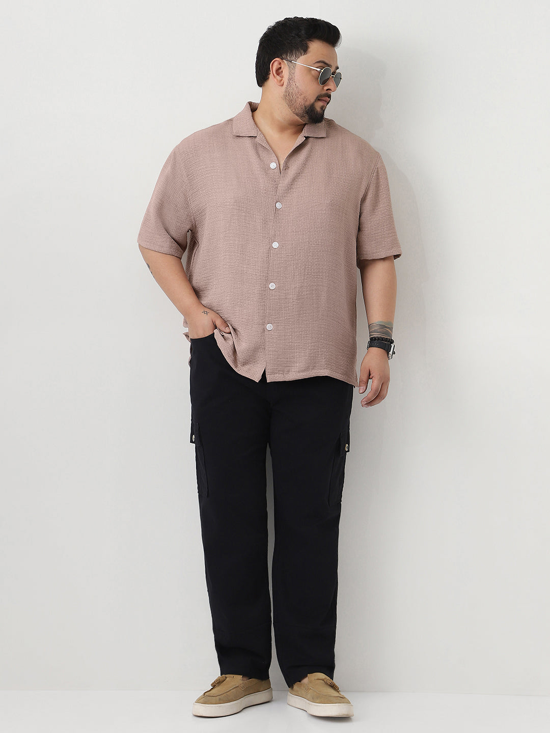 Plus Men's Mocha Mousse Cotton Half Sleeve Oversized Fit Textured Shirt with Cuban Collar