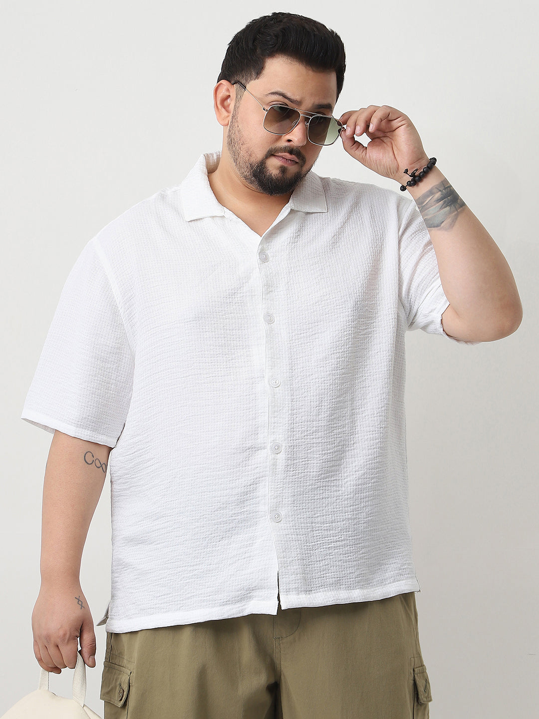 Plus Men's White Cotton Half Sleeve Oversized Fit Textured Shirt with Cuban Collar