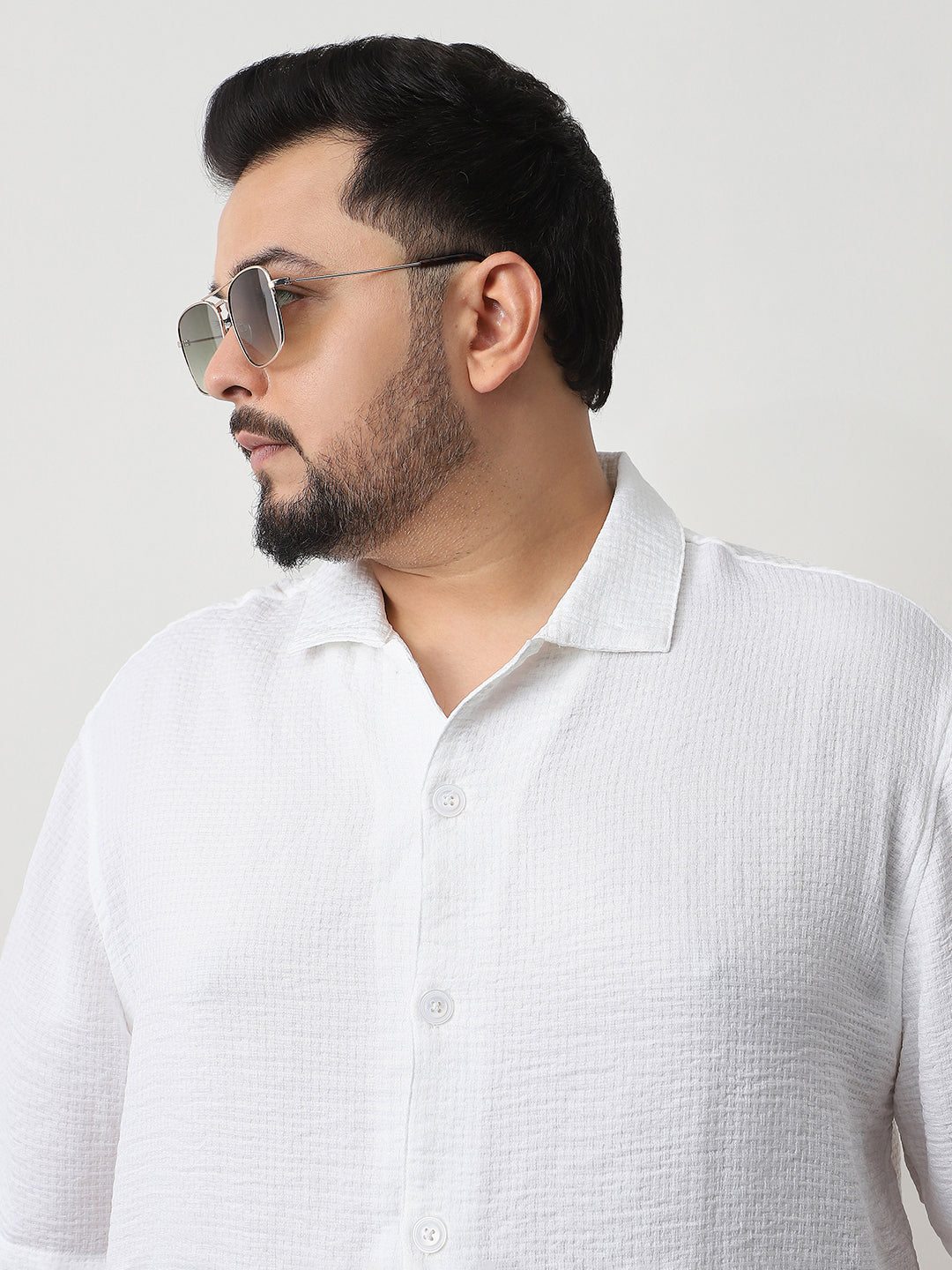 Plus Men's White Cotton Half Sleeve Oversized Fit Textured Shirt with Cuban Collar