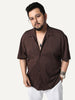 Plus Men's Brown Cotton Half Sleeve Oversized Fit Textured Shirt with Cuban Collar