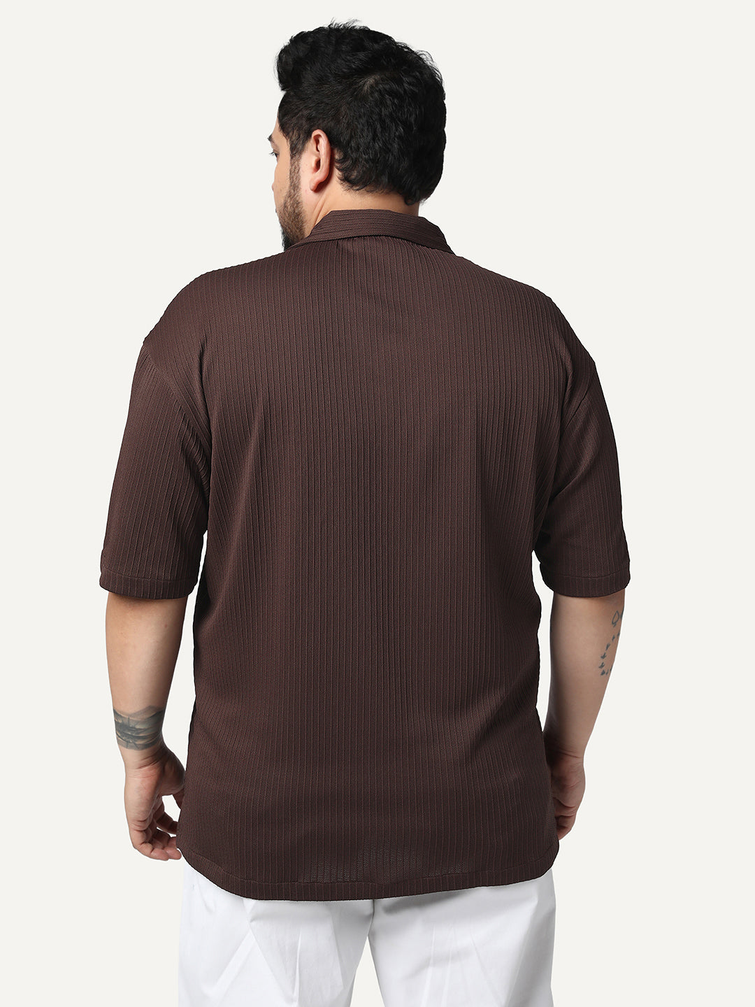 Plus Men's Brown Cotton Half Sleeve Oversized Fit Textured Shirt with Cuban Collar