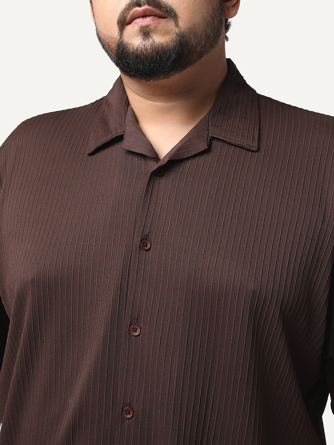 Plus Men's Brown Cotton Half Sleeve Oversized Fit Textured Shirt with Cuban Collar