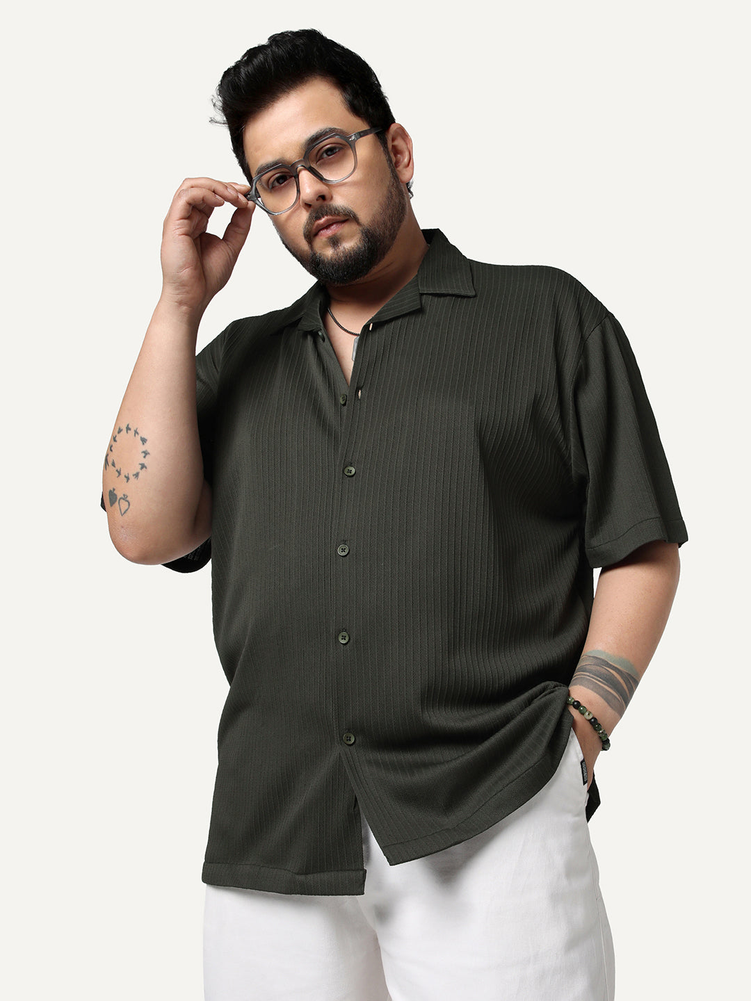 Plus Men's Dark Grey Cotton Half Sleeve Oversized Fit Textured Shirt with Cuban Collar