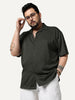 Plus Men's Dark Grey Cotton Half Sleeve Oversized Fit Textured Shirt with Cuban Collar