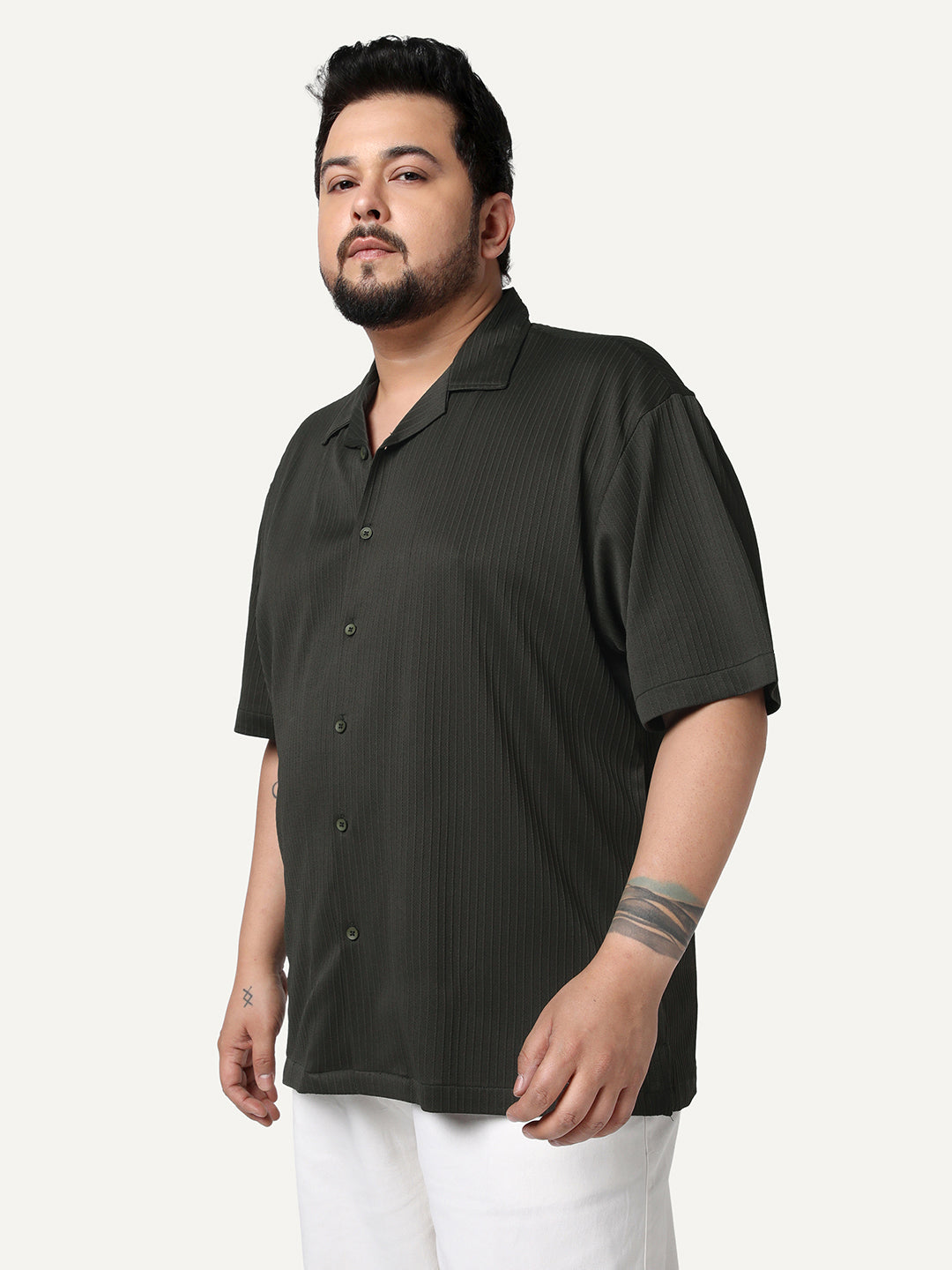 Plus Men's Dark Grey Cotton Half Sleeve Oversized Fit Textured Shirt with Cuban Collar