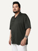 Plus Men's Dark Grey Cotton Half Sleeve Oversized Fit Textured Shirt with Cuban Collar