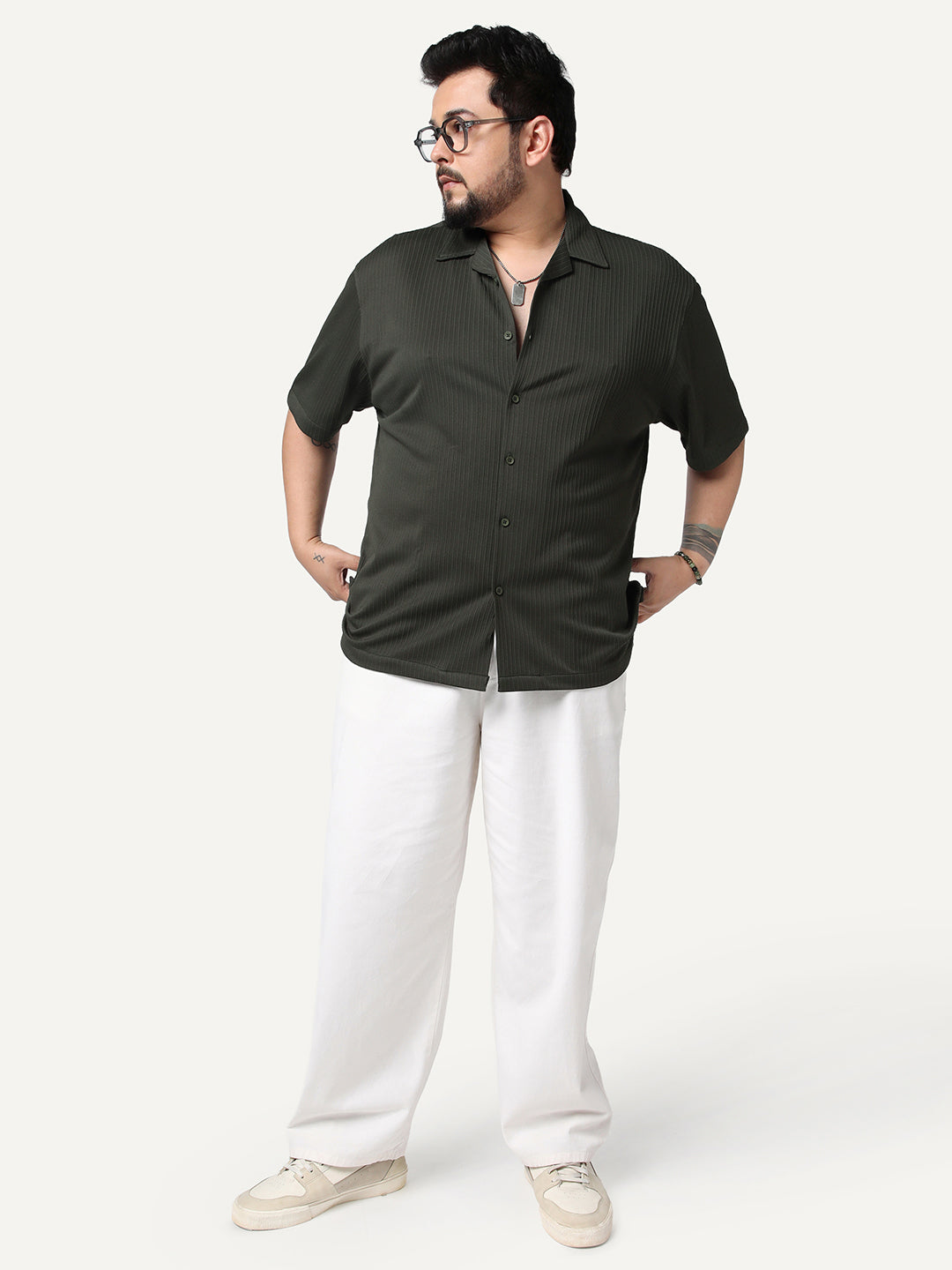 Plus Men's Dark Grey Cotton Half Sleeve Oversized Fit Textured Shirt with Cuban Collar