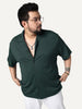 Plus Men's Dark Green Cotton Half Sleeve Oversized Fit Textured Shirt with Cuban Collar
