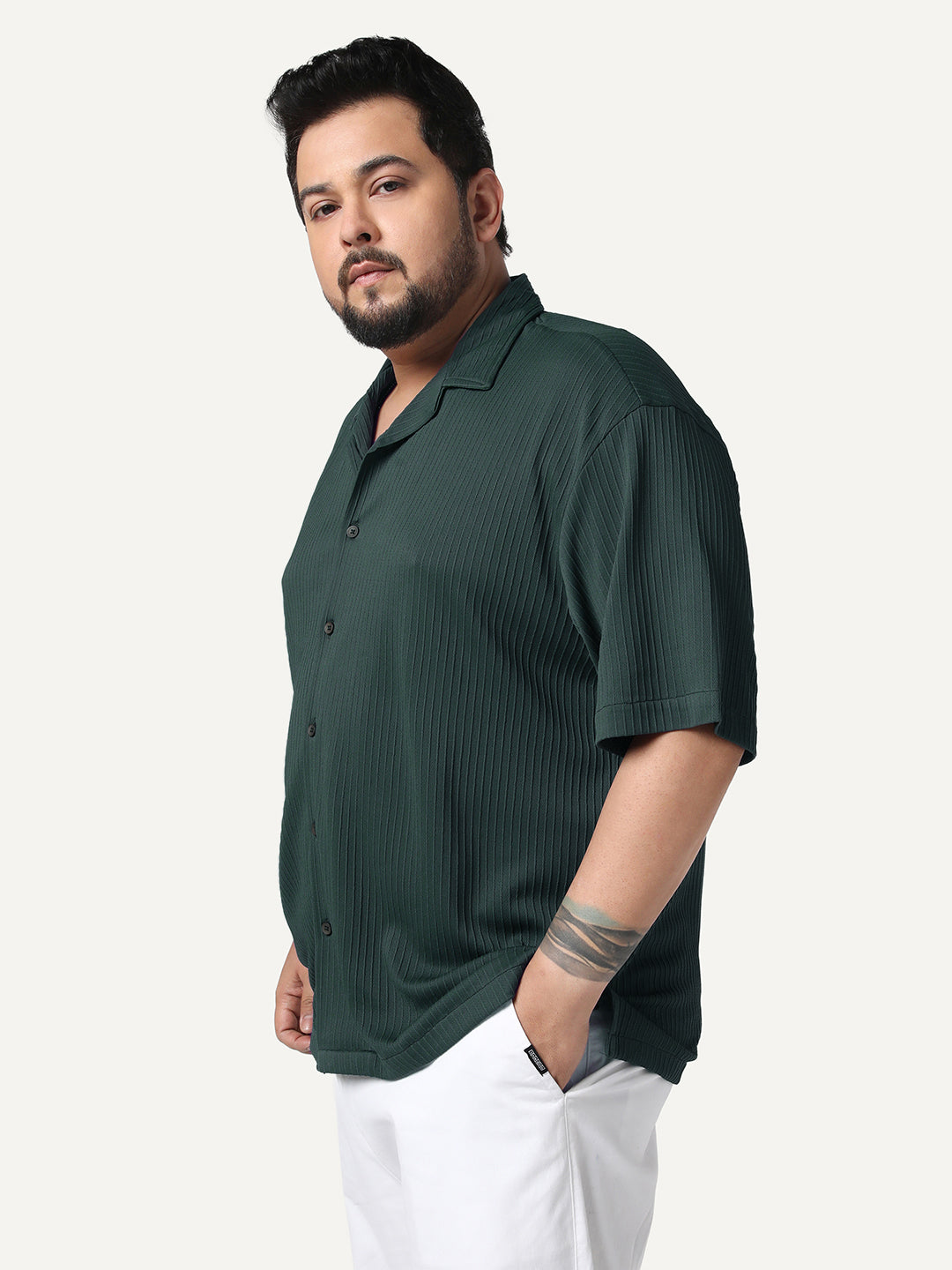 Plus Men's Dark Green Cotton Half Sleeve Oversized Fit Textured Shirt with Cuban Collar