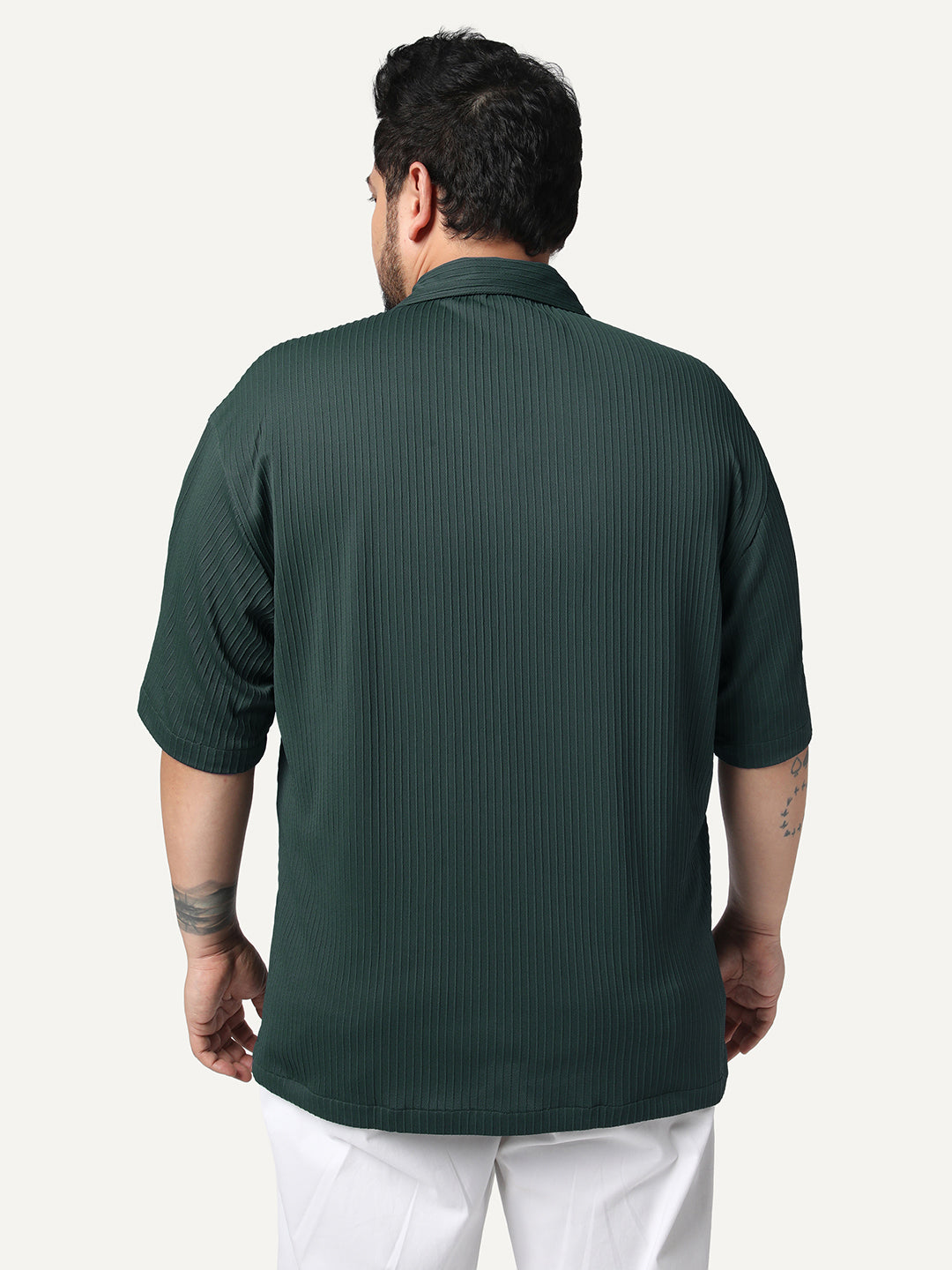 Plus Men's Dark Green Cotton Half Sleeve Oversized Fit Textured Shirt with Cuban Collar