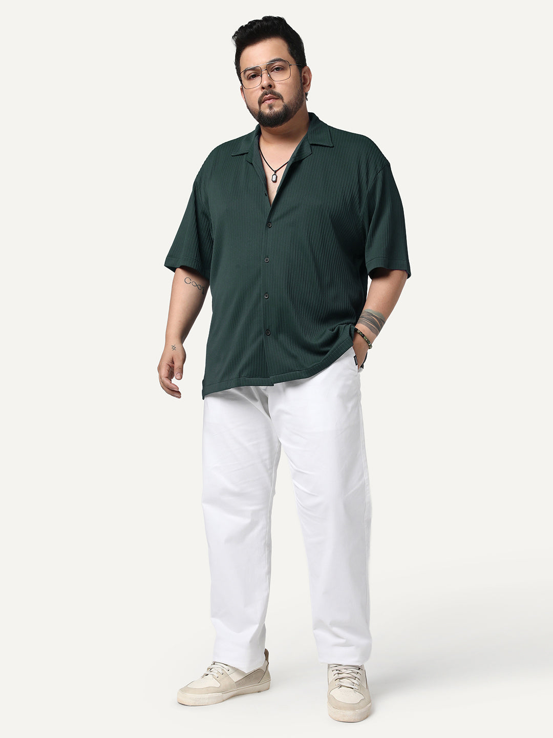 Plus Men's Dark Green Cotton Half Sleeve Oversized Fit Textured Shirt with Cuban Collar