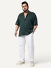 Plus Men's Dark Green Cotton Half Sleeve Oversized Fit Textured Shirt with Cuban Collar