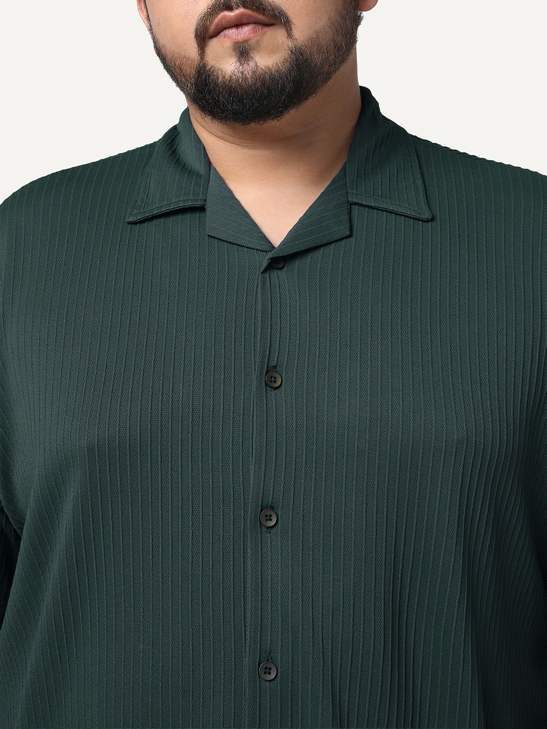 Plus Men's Dark Green Cotton Half Sleeve Oversized Fit Textured Shirt with Cuban Collar