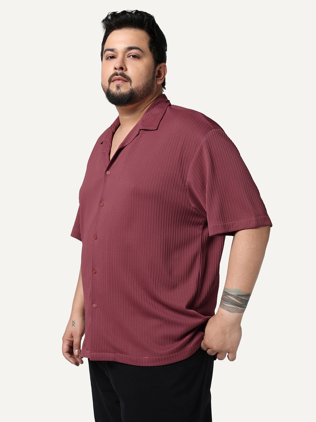 Plus Men's Light Maroon Cotton Half Sleeve Oversized Fit Textured Shirt with Cuban Collar