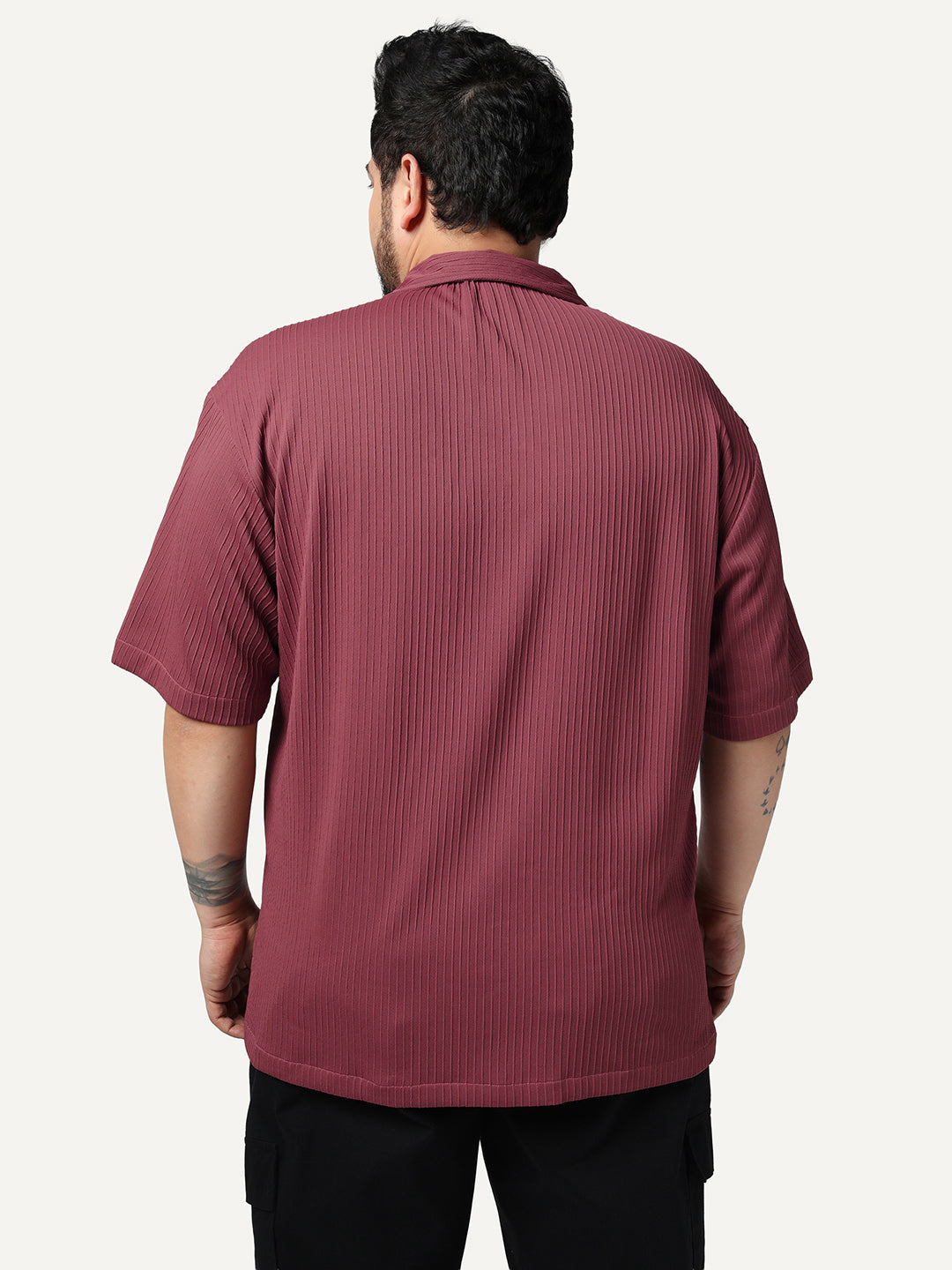Plus Men's Light Maroon Cotton Half Sleeve Oversized Fit Textured Shirt with Cuban Collar