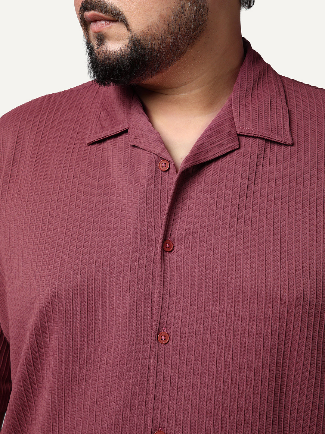 Plus Men's Light Maroon Cotton Half Sleeve Oversized Fit Textured Shirt with Cuban Collar