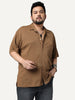 Plus Men's Mocha Cotton Half Sleeve Oversized Fit Textured Shirt with Cuban Collar