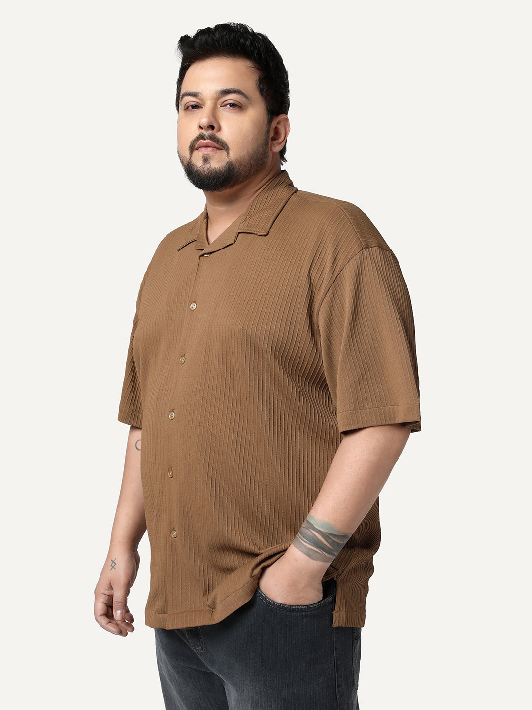 Plus Men's Mocha Cotton Half Sleeve Oversized Fit Textured Shirt with Cuban Collar