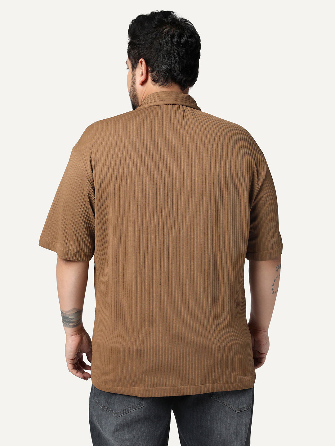 Plus Men's Mocha Cotton Half Sleeve Oversized Fit Textured Shirt with Cuban Collar