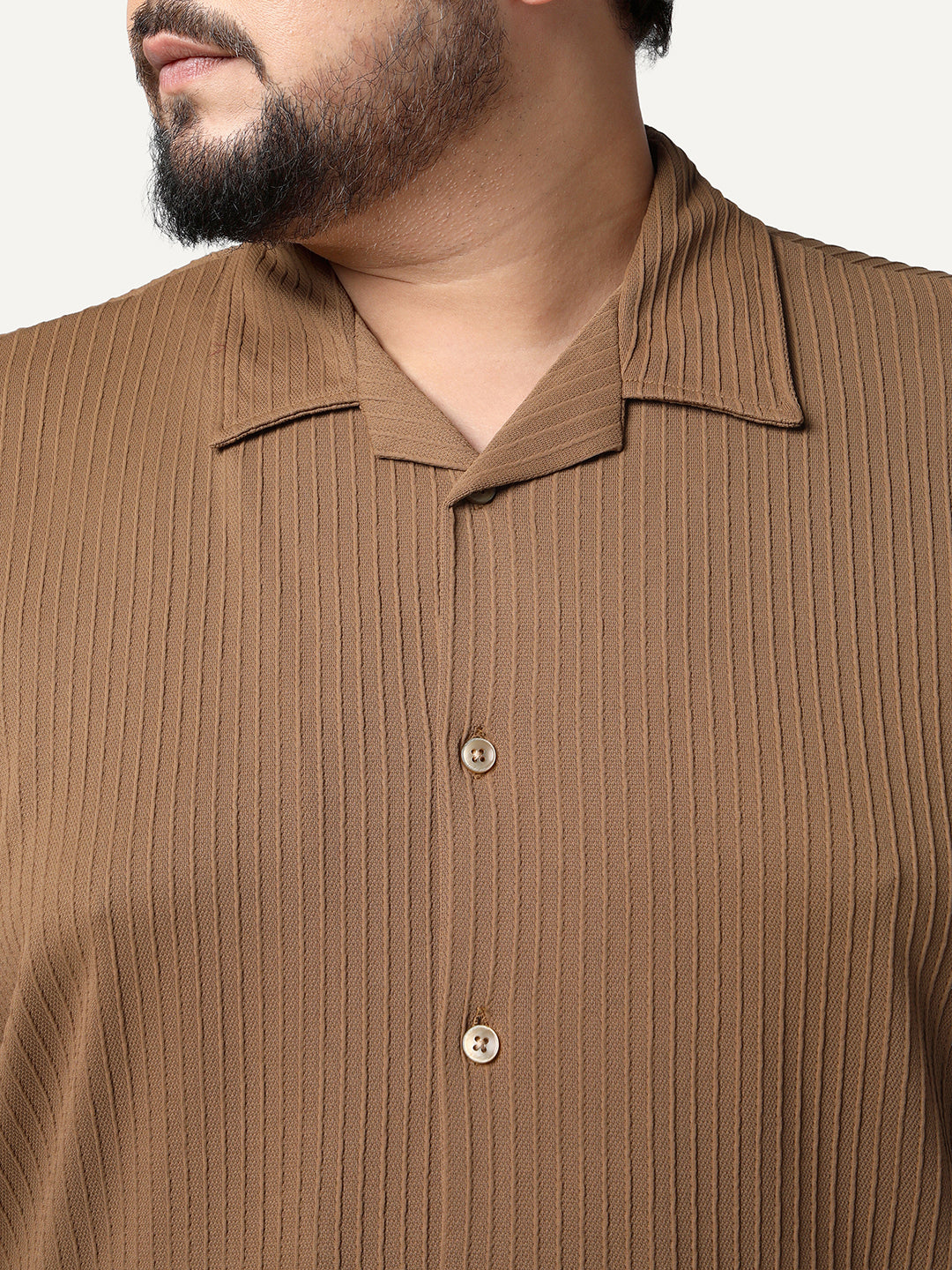 Plus Men's Mocha Cotton Half Sleeve Oversized Fit Textured Shirt with Cuban Collar
