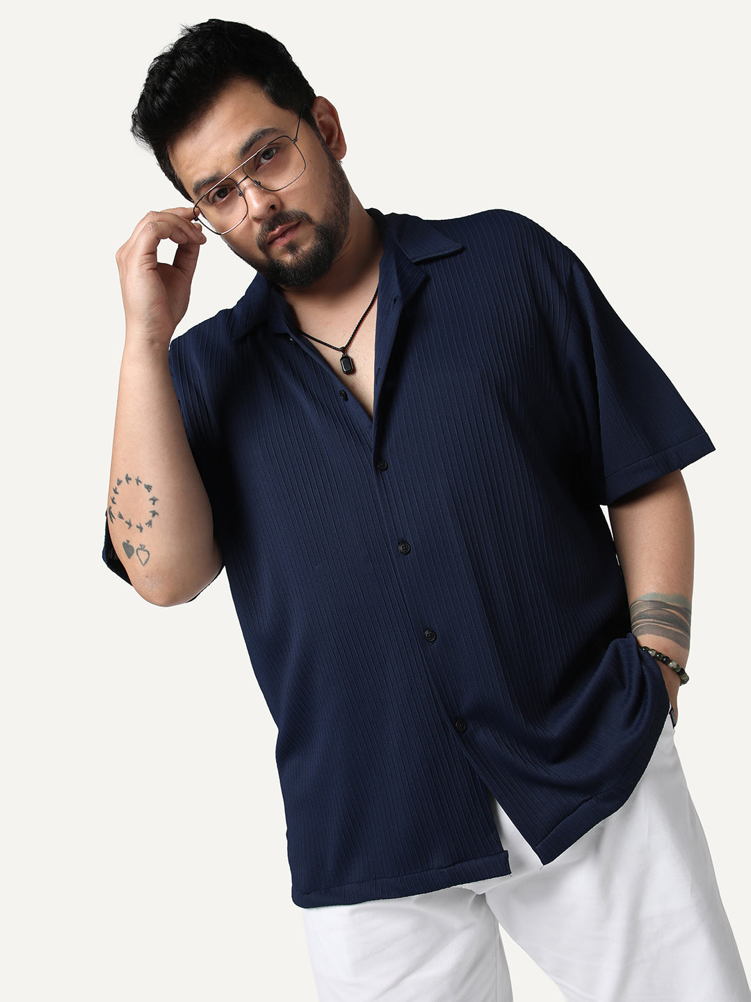 Plus Men's Navy Cotton Half Sleeve Oversized Fit Textured Shirt with Cuban Collar