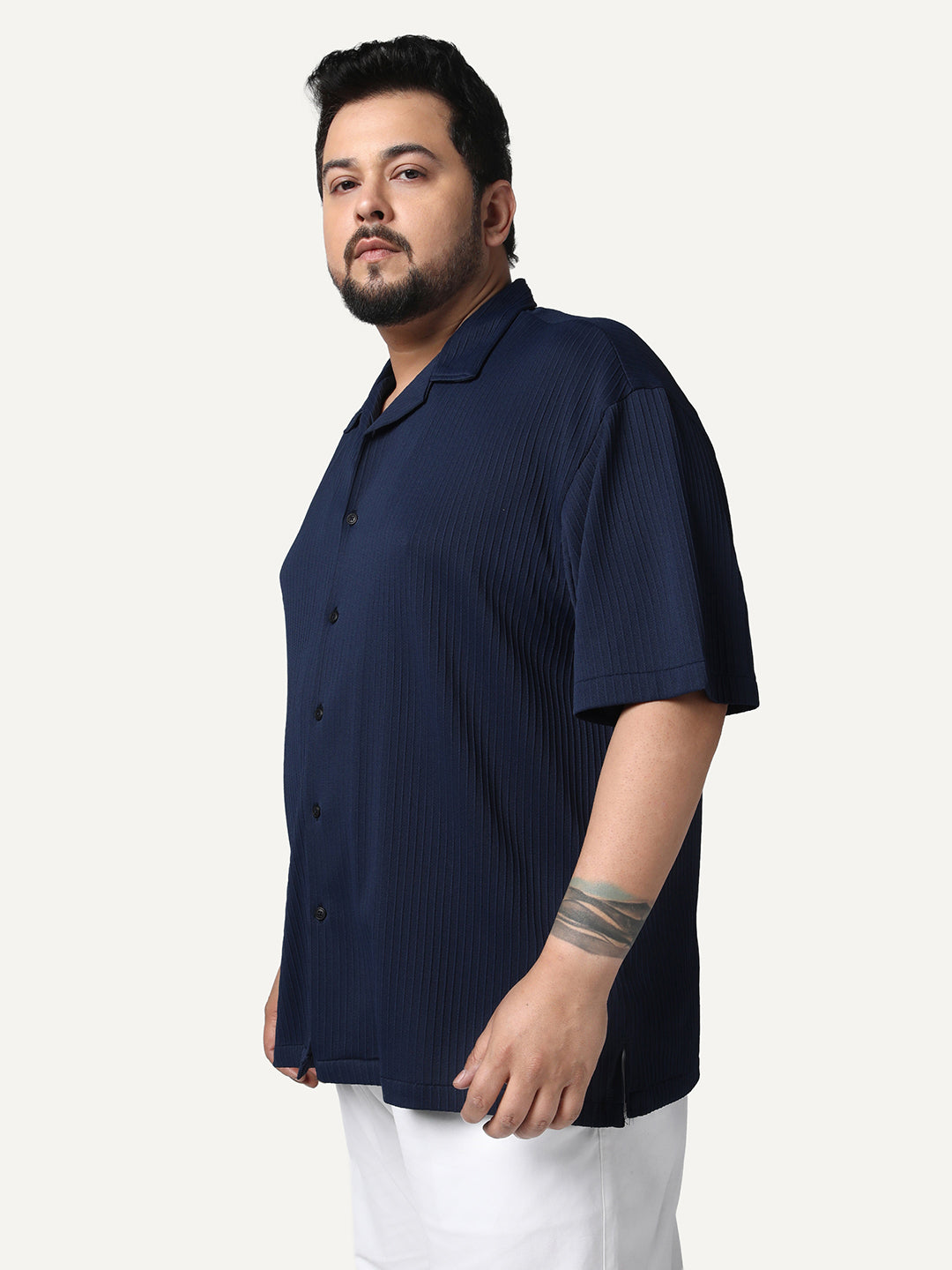 Plus Men's Navy Cotton Half Sleeve Oversized Fit Textured Shirt with Cuban Collar