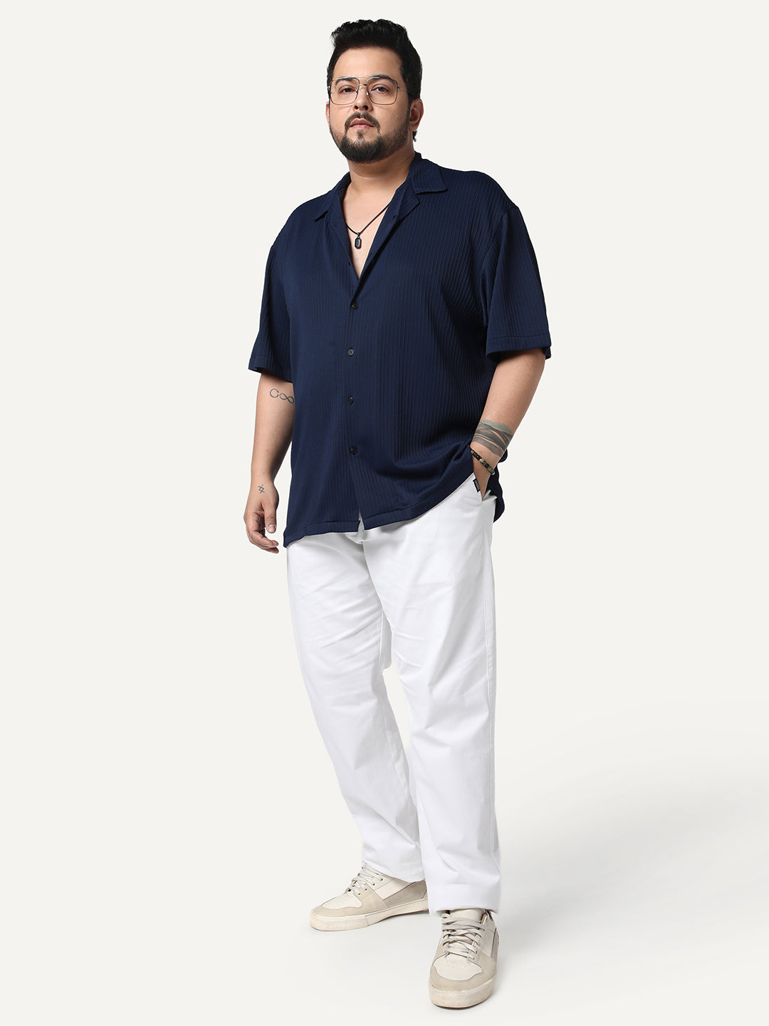 Plus Men's Navy Cotton Half Sleeve Oversized Fit Textured Shirt with Cuban Collar