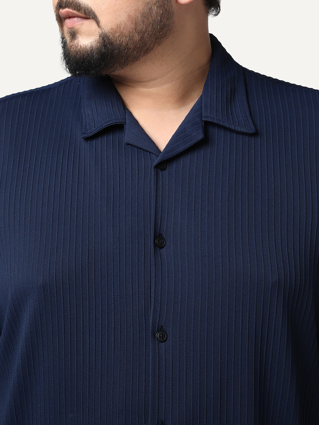 Plus Men's Navy Cotton Half Sleeve Oversized Fit Textured Shirt with Cuban Collar