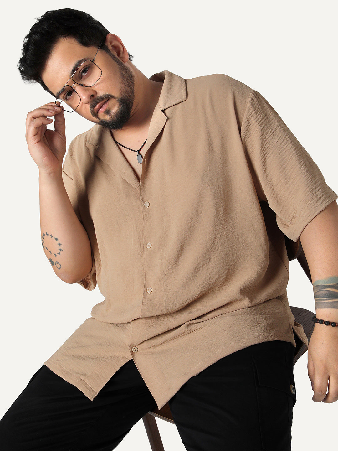 Plus Men's Beige Cotton Half Sleeve Relaxed Fit Textured Shirt with Cuban Collar
