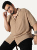 Plus Men's Beige Cotton Half Sleeve Relaxed Fit Textured Shirt with Cuban Collar