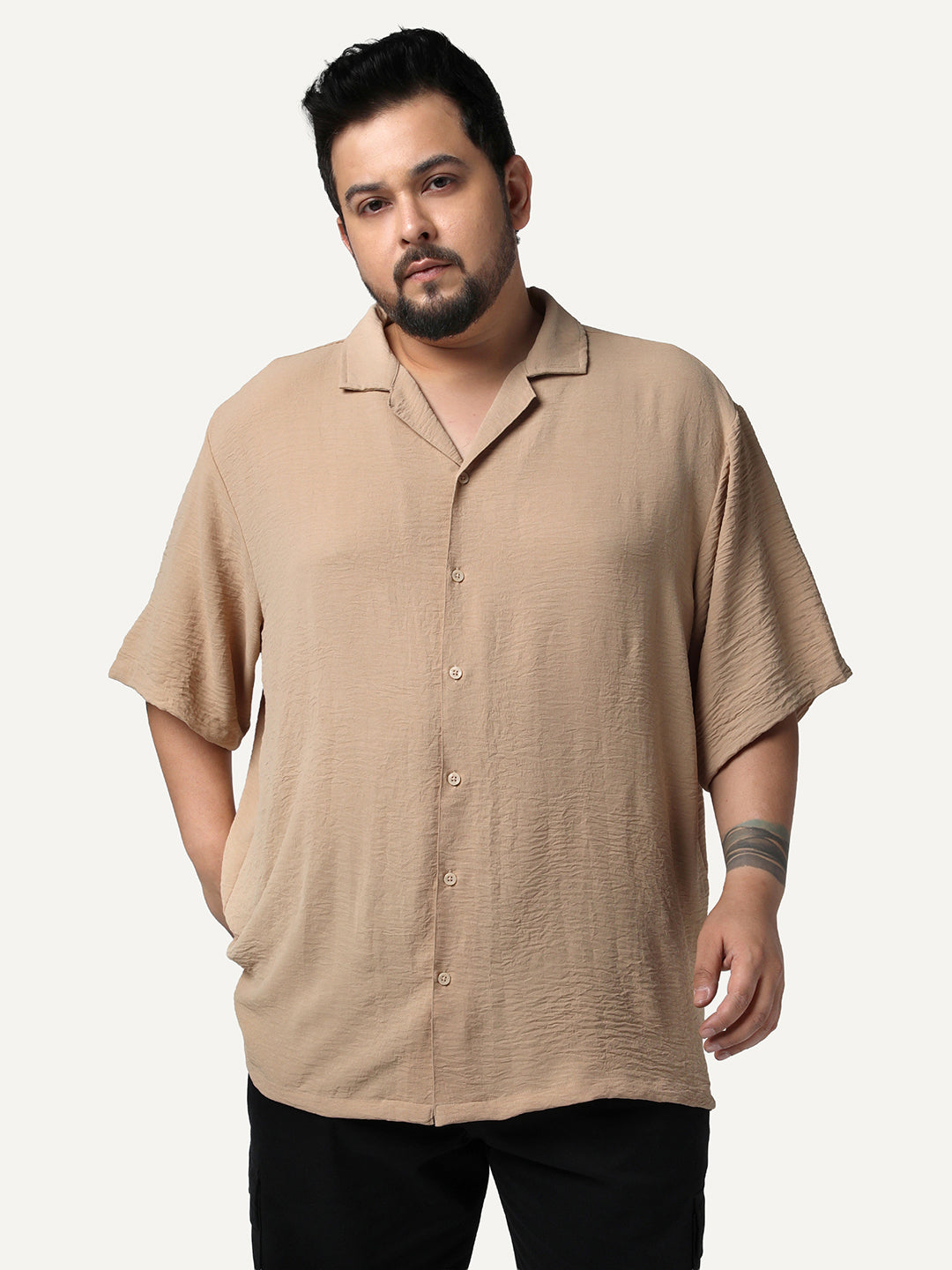 Plus Men's Beige Cotton Half Sleeve Relaxed Fit Textured Shirt with Cuban Collar