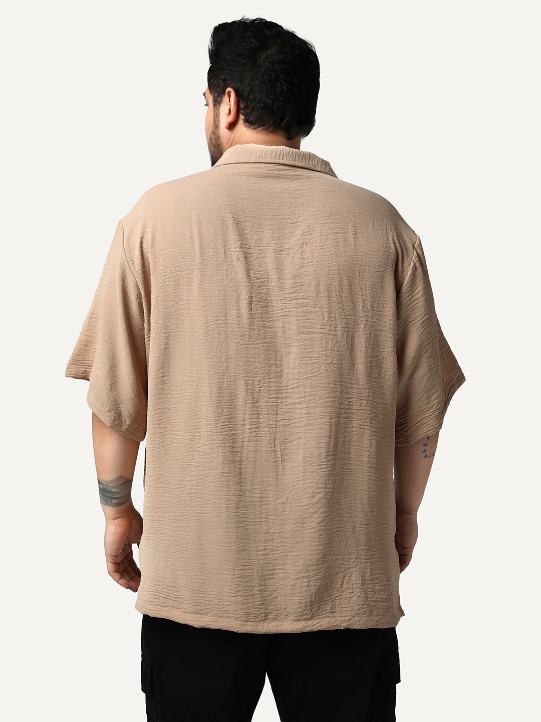 Plus Men's Beige Cotton Half Sleeve Relaxed Fit Textured Shirt with Cuban Collar