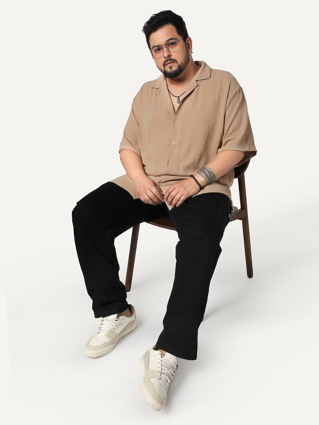 Plus Men's Beige Cotton Half Sleeve Relaxed Fit Textured Shirt with Cuban Collar