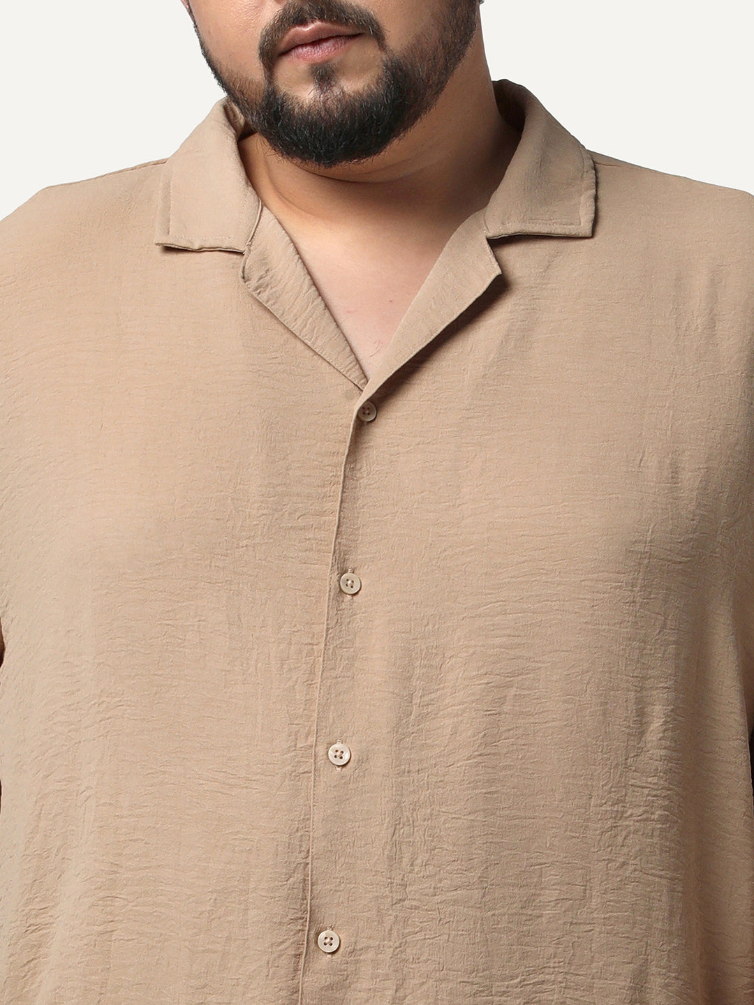 Plus Men's Beige Cotton Half Sleeve Relaxed Fit Textured Shirt with Cuban Collar