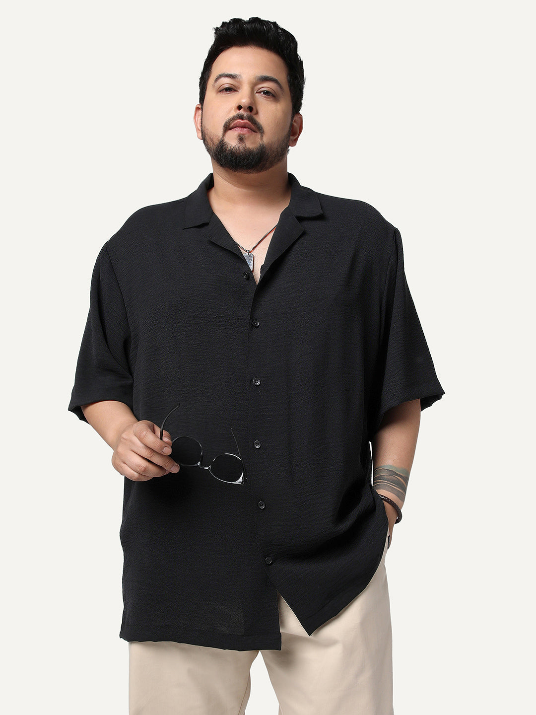 Plus Men's Black Cotton Half Sleeve Relaxed Fit Textured Shirt with Cuban Collar