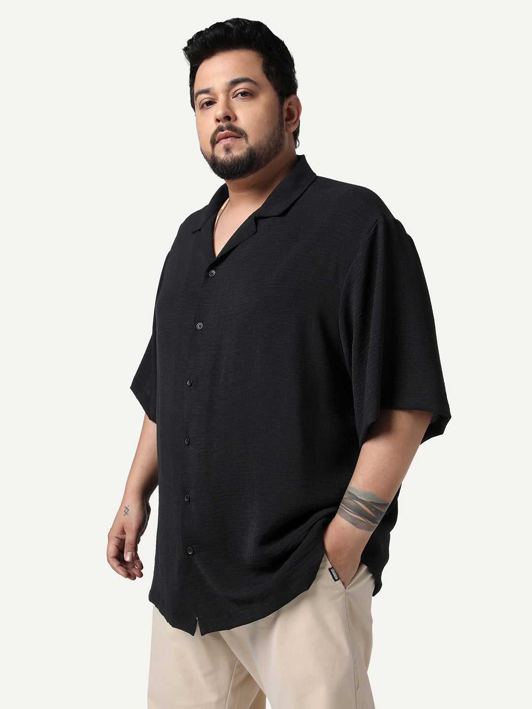 Plus Men's Black Cotton Half Sleeve Relaxed Fit Textured Shirt with Cuban Collar