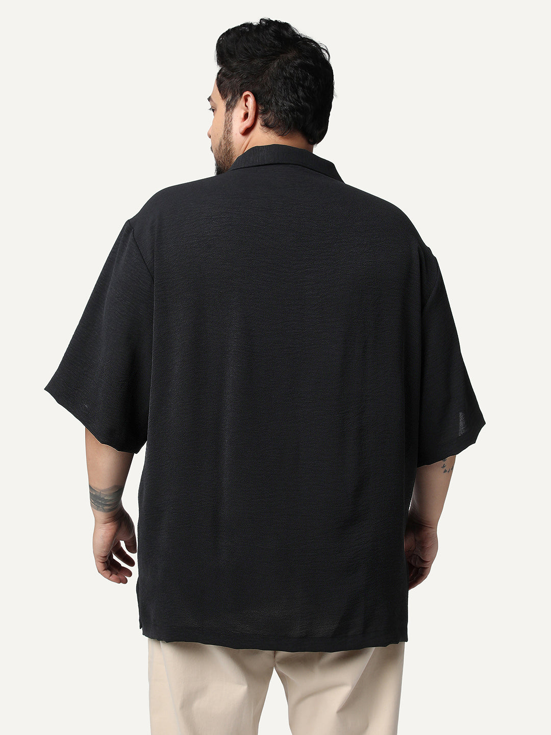 Plus Men's Black Cotton Half Sleeve Relaxed Fit Textured Shirt with Cuban Collar