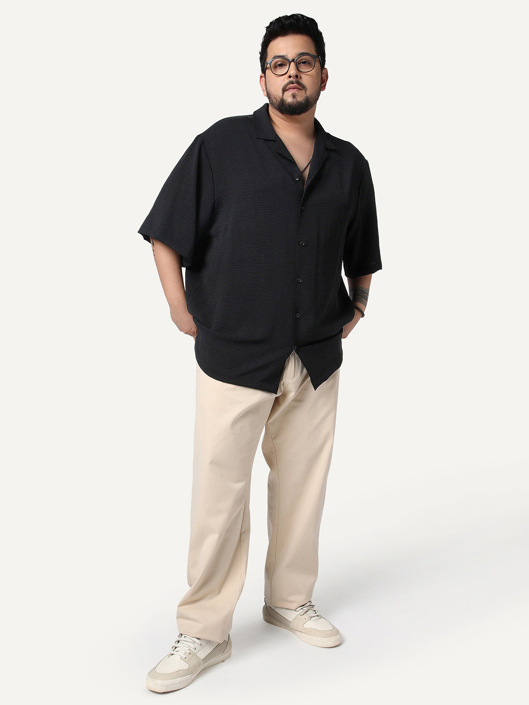 Plus Men's Black Cotton Half Sleeve Relaxed Fit Textured Shirt with Cuban Collar