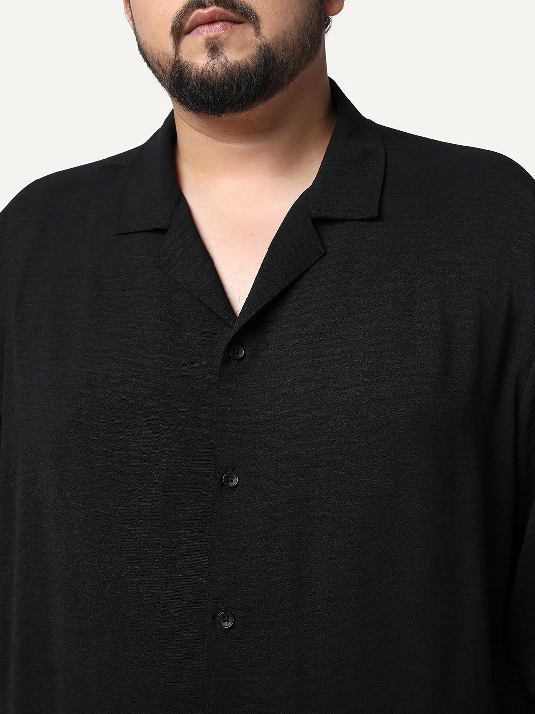 Plus Men's Black Cotton Half Sleeve Relaxed Fit Textured Shirt with Cuban Collar